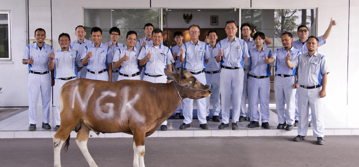 寄付する牛を前に、社員が記念撮影