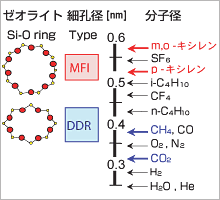 ゼオライト細孔径と分子サイズ