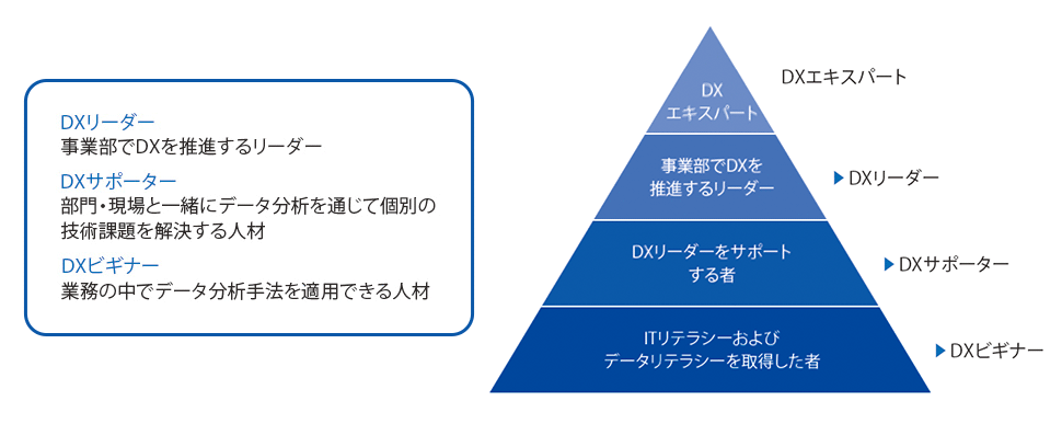  階層別教育の体系を説明した図。「DXエキスパート」を頂点に、事業部でDXを推進する「DXリーダー」、DXリーダーをサポートする「DXサポーター」、業務の中でデータ分析手法を適用する「DXビギナー」からなります。DXリーダー・DXサポーター共通教育やDX留学、報告会を通じ、リーダーを育成します。