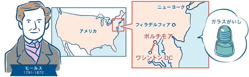 モールス（1791‐1872）とアメリカ東部の地図、「ガラスがいし」のイラスト