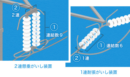 （図）がいしを9個つなげた場合「①連結数9」、その連結したがいしの束を、さらに2つ連ねた場合「②2連」と数えます。