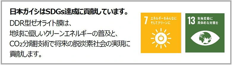 日本ガイシはSDGs達成に貢献しています。DDR型ゼオライト膜は、地球に優しいクリーンエネルギーの普及と、CO2分離技術で将来の脱炭素社会の実現に貢献します。