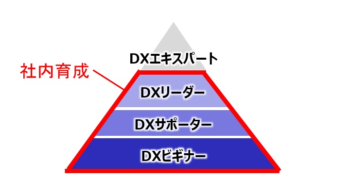 DXの階層別教育のイメージ。DXリーダー、DXサポーター、DXビギナーを社内育成します。