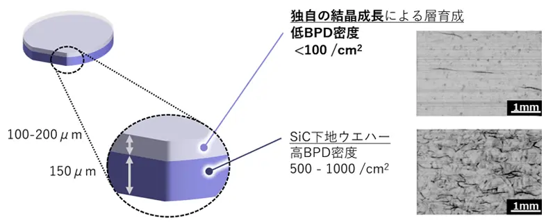 SiCウェハーの断面図。下層のSiC下地ウエハーは高BPD密度（500～1000/cm²）で、上層に独自の結晶成長により低BPD密度（100/cm²未満）の結晶層を育成。