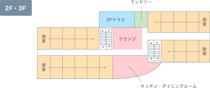 宿舎の2・3階のフロアマップ