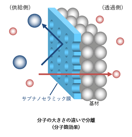 分子の大きさの違いで特定の分子を透過させる分子ふるい効果の透過モデルです。